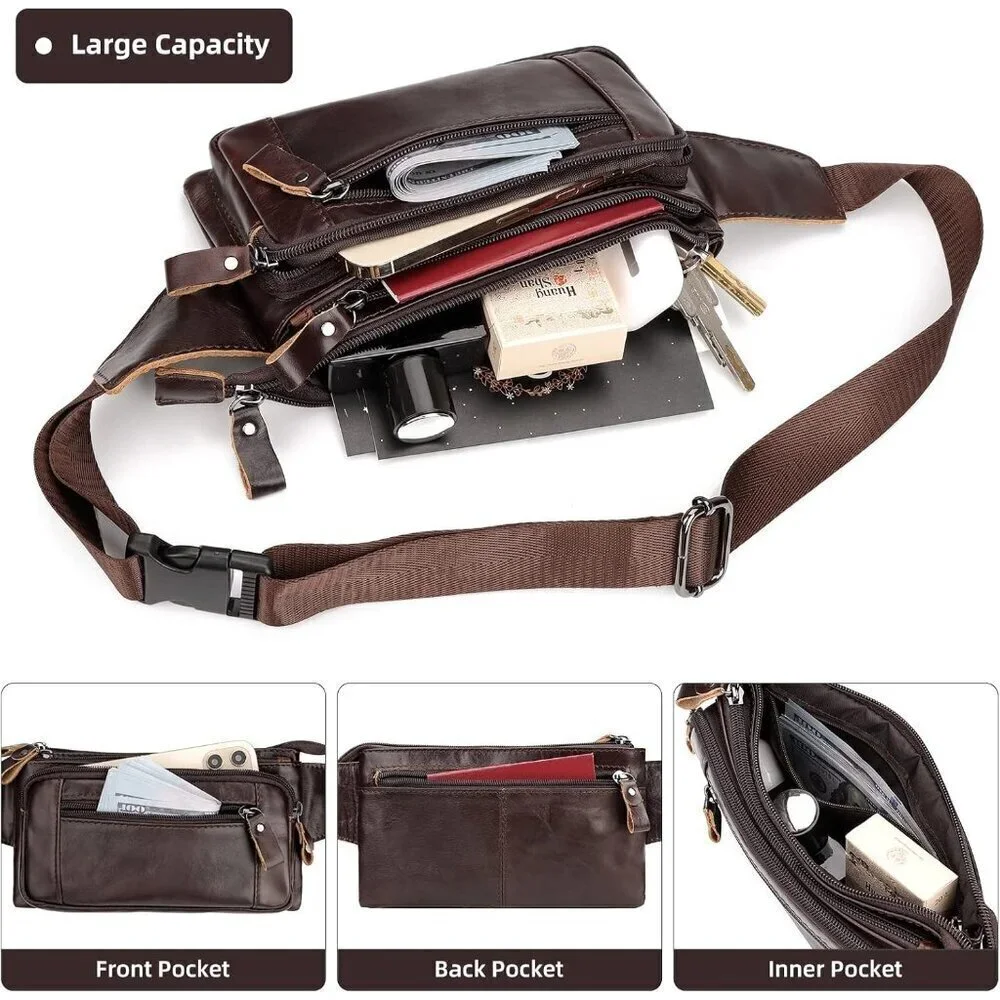 💫 Men Brown Leather Adjustable Fashion Small Travel Hiking Cycling Waist Packs